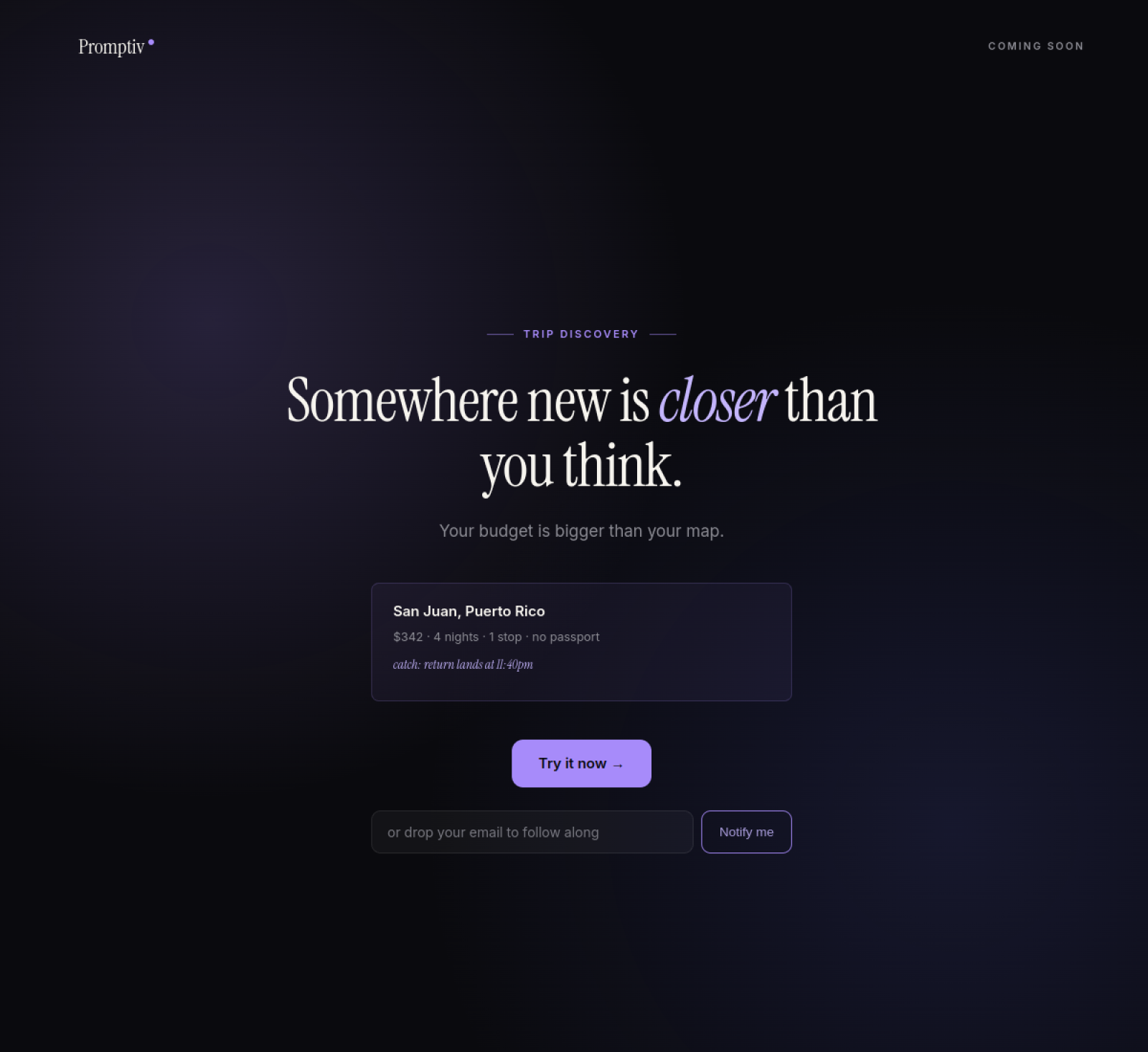 Promptiv trip-discovery landing page